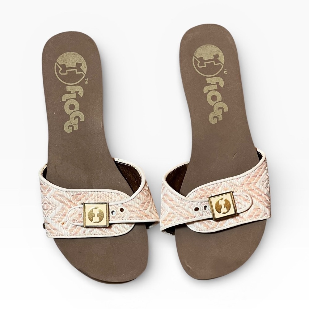FLOGG‎ Women Platform Wedge Sandals Slides Woven Straps Buckle Pink White Size 6
